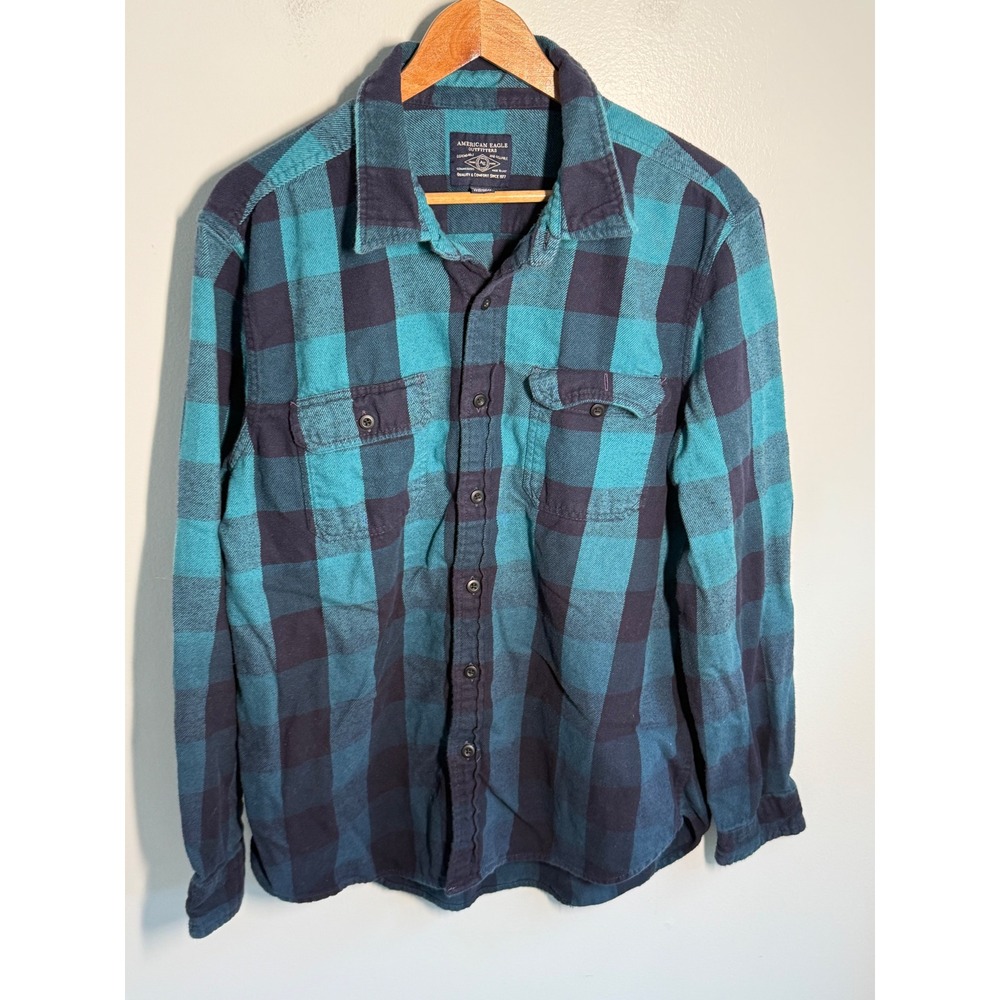 American Eagle Mens XL Flannel Shirt Teal Navy Buffalo Plaid Button Up